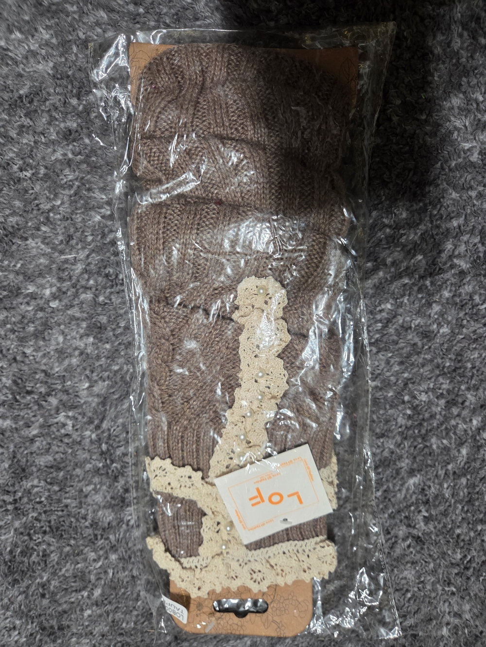 LOF Brown Cable Knit Leg Warmers with Cream Lace Trim